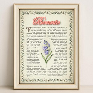 Bonnie Name Bedeutung Print - Vintage Blumenkunst, Etymologie, Numerologie & Heiliger, persönliche Wanddekoration, sofortiger digitaler Download (PDF)