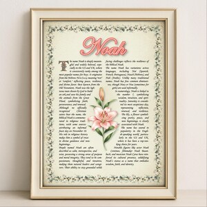 Noah Name Meaning Print – Vintage Floral Art, Etymology, Numerology & Saint, Personal Wall Decor, Instant Digital Download (PDF)