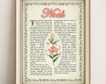 Noah Name Meaning Vintage Floral Print: Personalized Wall Art (PDF)