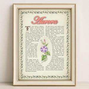 Aurora Name Meaning Print – Vintage Floral Art, Etymology, Numerology & Saint, Personal Wall Decor, Instant Digital Download (PDF)