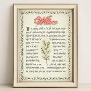 May include: A printable art print with a vintage aesthetic featuring the name Willow in a decorative font. The print includes a botanical illustration of a willow tree branch with green leaves and white flowers. The text describes the meaning and symbolism of the name Willow.