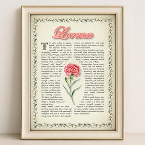 Lorena Name Bedeutung Print - Vintage Blumenkunst, Etymologie, Numerologie & Heilige, persönliche Wanddekoration, sofortiger digitaler Download (PDF)