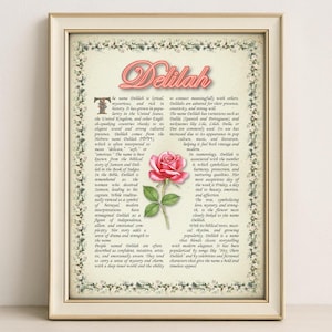 Delilah Name Meaning Print – Vintage Floral Art, Etymology, Numerology & Saint, Personal Wall Decor, Instant Digital Download (PDF)