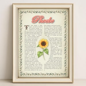 Phoebe Name Meaning Print – Vintage Floral Art, Etymology, Numerology & Saint, Personal Wall Decor, Instant Digital Download (PDF)