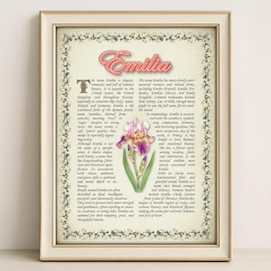 Emilia Name Meaning Print – Vintage Floral Art, Etymology, Numerology & Saint, Personal Wall Decor, Instant Digital Download (PDF)