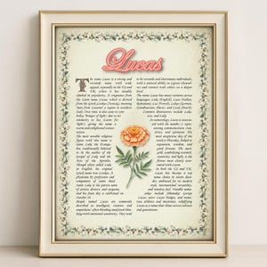 Lucas Name Meaning Print – Vintage Floral Art, Etymology, Numerology & Saint, Personal Wall Decor, Instant Digital Download (PDF)