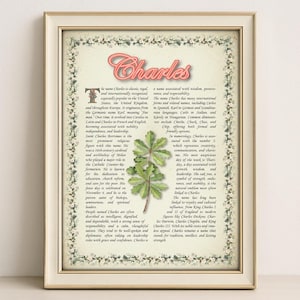 Charles Name Meaning Print – Vintage Floral Art, Etymology, Numerology & Saint, Personal Wall Decor, Instant Digital Download (PDF)