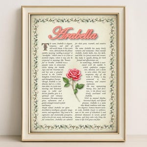 Arabella Name Meaning Print – Vintage Floral Art, Etymology, Numerology & Saint, Personal Wall Decor, Instant Digital Download (PDF)