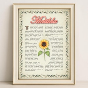 Matilda Name Meaning Print – Vintage Floral Art, Etymology, Numerology & Saint, Personal Wall Decor, Instant Digital Download (PDF)
