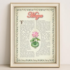 Maya Name Meaning Print – Vintage Floral Art, Etymology, Numerology & Saint, Personal Wall Decor, Instant Digital Download (PDF)