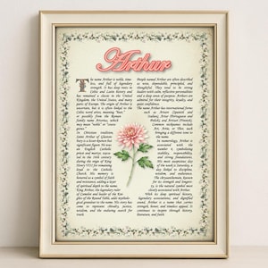 Arthur Name Meaning Print – Vintage Floral Art, Etymology, Numerology & Saint, Personal Wall Decor, Instant Digital Download (PDF)