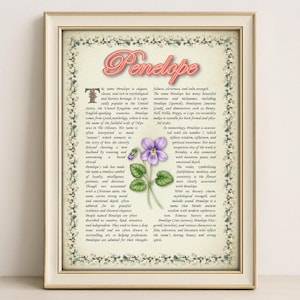 Penelope Name Meaning Print – Vintage Floral Art, Etymology, Numerology & Saint, Personal Wall Decor, Instant Digital Download (PDF)