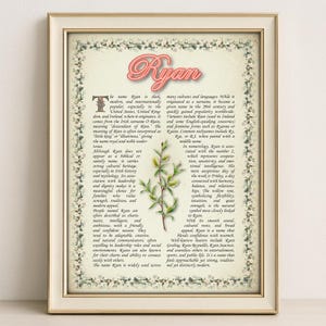 Ryan Name Meaning Print – Vintage Floral Art, Etymology, Numerology & Saint, Personal Wall Decor, Instant Digital Download (PDF)