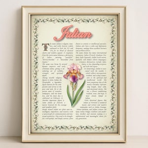 Julian Name Meaning Print – Vintage Floral Art, Etymology, Numerology & Saint, Personal Wall Decor, Instant Digital Download (PDF)