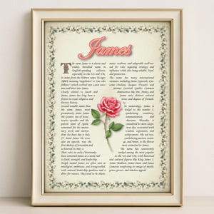 James Name Meaning Print – Vintage Floral Art, Etymology, Numerology & Saint, Personal Wall Decor, Instant Digital Download (PDF)