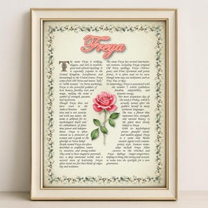 Freya Name Meaning Print – Vintage Floral Art, Etymology, Numerology & Saint, Personal Wall Decor, Instant Digital Download (PDF)