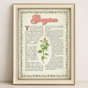 Grayson Name Meaning Print – Vintage Floral Art, Etymology, Numerology & Saint, Personal Wall Decor, Instant Digital Download (PDF)