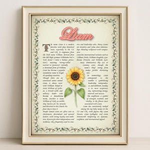 Liam Name Bedeutung Print - Vintage Blumenkunst, Etymologie, Numerologie & Heiliger, persönliche Wanddekoration, sofortiger digitaler Download (PDF)