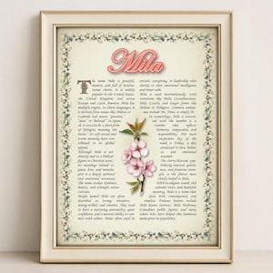 Mila Name Meaning Print – Vintage Floral Art, Etymology, Numerology & Saint, Personal Wall Decor, Instant Digital Download (PDF)