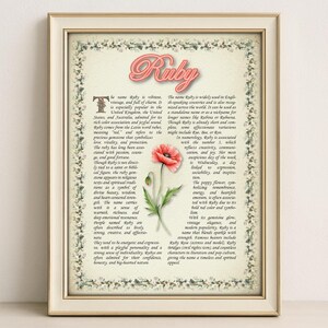 Ruby Name Meaning Print – Vintage Floral Art, Etymology, Numerology & Saint, Personal Wall Decor, Instant Digital Download (PDF)