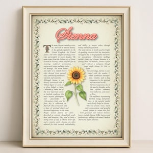 Sienna Name Meaning Print – Vintage Floral Art, Etymology, Numerology & Saint, Personal Wall Decor, Instant Digital Download (PDF)