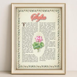 Sofia Name Meaning Print – Vintage Floral Art, Etymology, Numerology & Saint, Personal Wall Decor, Instant Digital Download (PDF)