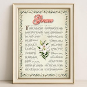 Grace Name Meaning Print – Vintage Floral Art, Etymology, Numerology & Saint, Personal Wall Decor, Instant Digital Download (PDF)