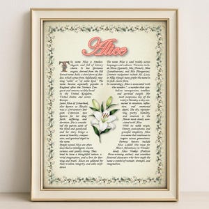 Alice Name Meaning Print – Vintage Floral Art, Etymology, Numerology & Saint, Personal Wall Decor, Instant Digital Download (PDF)