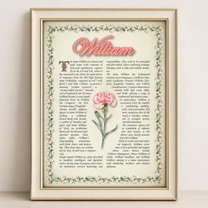 William Name Bedeutung Print - Vintage Blumenkunst, Etymologie, Numerologie & Heiliger, persönliche Wanddekoration, sofortiger digitaler Download (PDF)