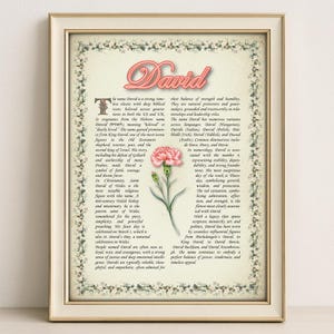 David Name Bedeutung Print - Vintage Blumenkunst, Etymologie, Numerologie & Heiliger, persönliche Wanddekoration, sofortiger digitaler Download (PDF)