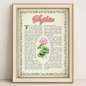 Sophia Name Meaning Print – Vintage Floral Art, Etymology, Numerology & Saint, Personal Wall Decor, Instant Digital Download (PDF)