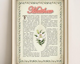 Matthew Name Meaning Vintage Floral Print (Digital Download)