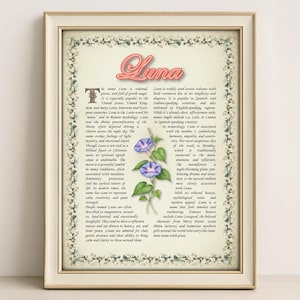 Luna Name Meaning Print – Vintage Floral Art, Etymology, Numerology & Saint, Personal Wall Decor, Instant Digital Download (PDF)