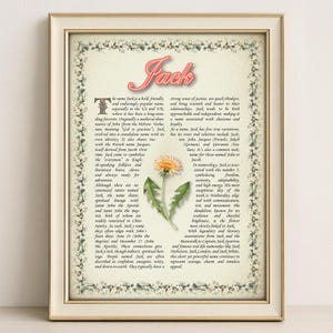 Significado do nome Jack - Arte floral vintage, etimologia, numerologia e santo, decoração de parede pessoal, download digital instantâneo (PDF)