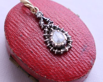 Antique Georgian Silver Gold Pendant Drop Shape Rose Cut Diamonds