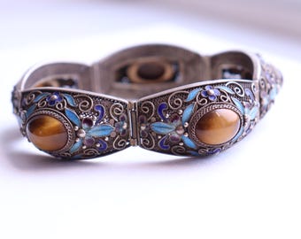 INGEN TULLAR Vintage Antik Kinesisk Armband Tigeröga Filigran Silver 900 med Emalj