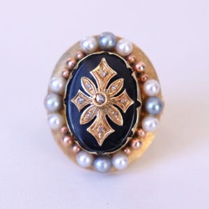Vintage Massive 14k Yellow Gold Cocktail Ring Onyx Diamonds &amp; Pearl