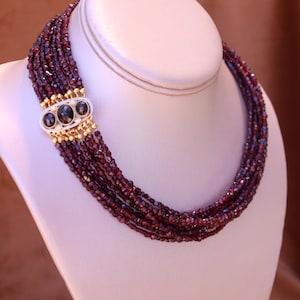 Vintage Multistrand Garnet Collier Necklace 18k Yellow Gold Clasp