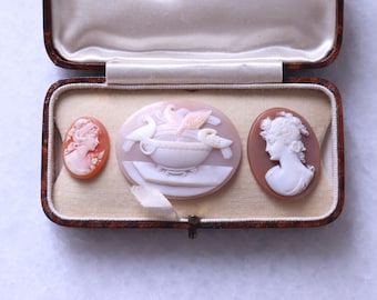 Victorian Era Carved Shell Cameo Brooch Pendant Doves and 2 Women