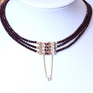 Vintage Antique  Glass Garnet Beads Necklace 14k Gold Clasp