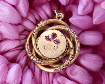 14K Yellow Gold Antique Pendant Colored Stones Seed Pearls