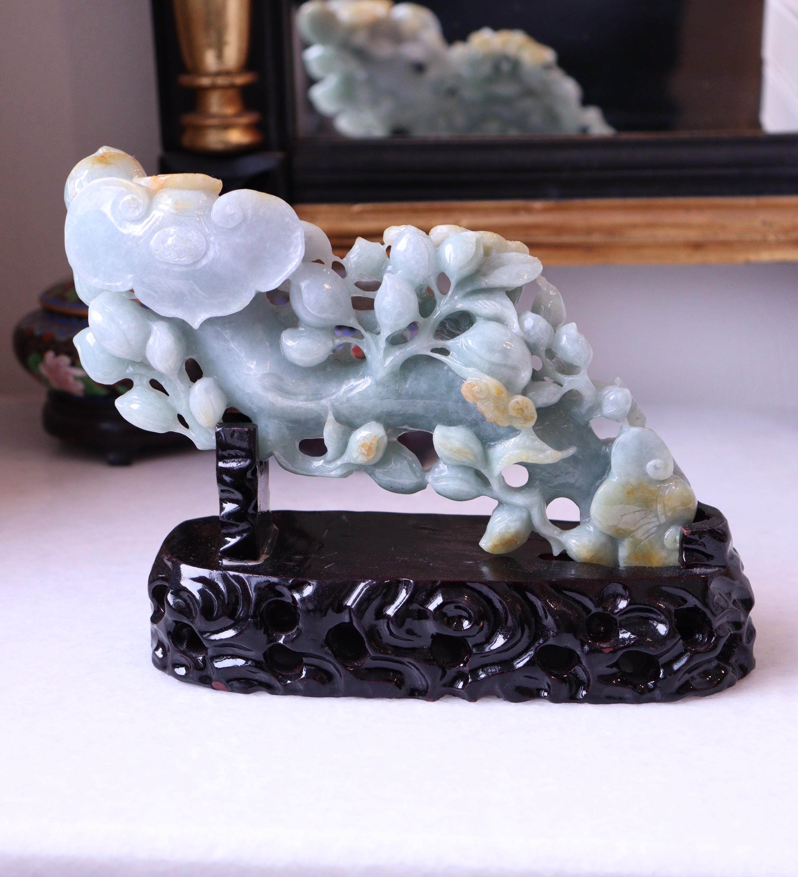 翡翠の如意彫刻品 木製台座付き 関税なし 中国彫刻翡翠翡翠如意笏の置物 彫刻木製スタンド - Etsy 日本