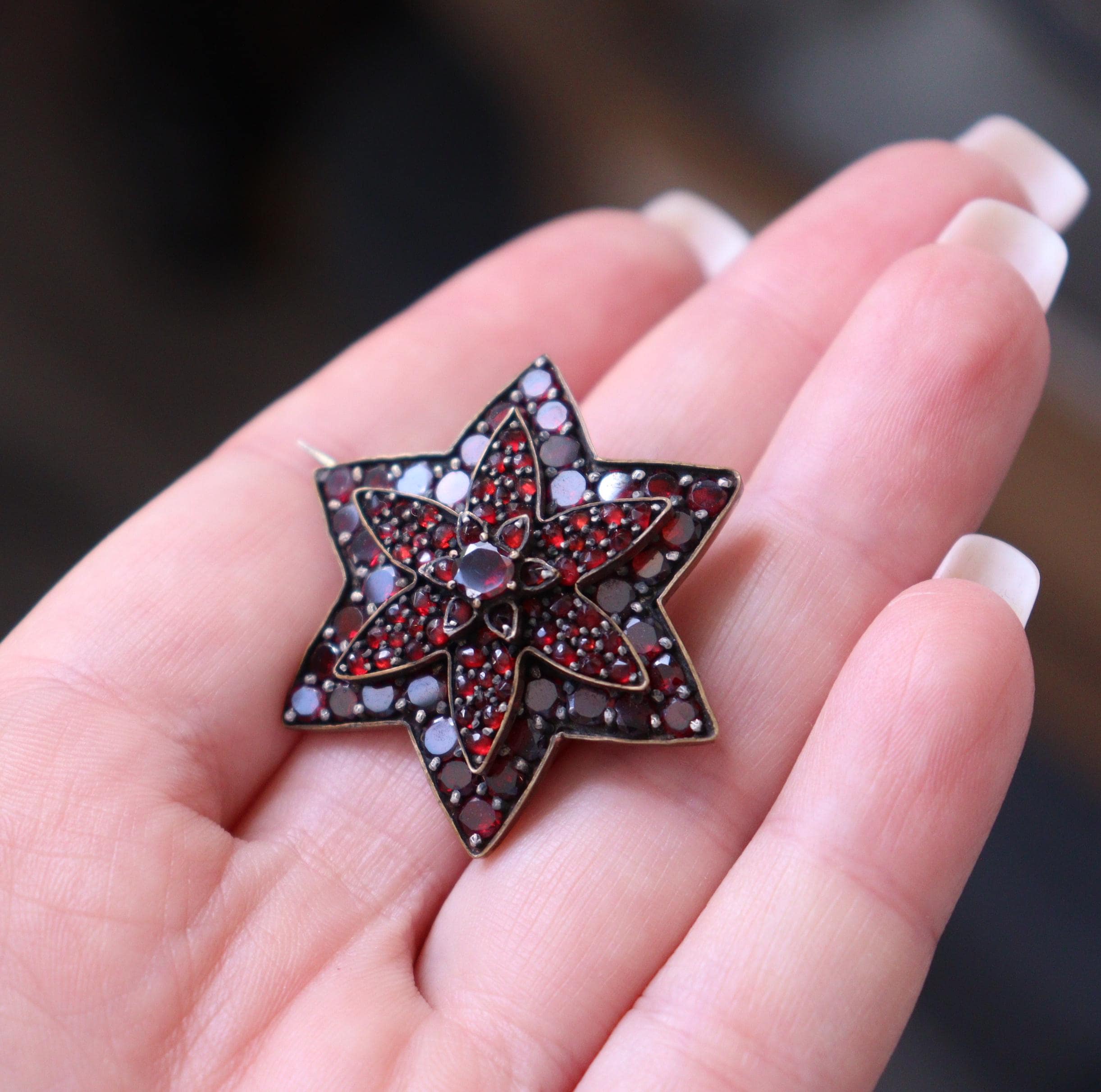 アンティーク ボヘミアン ガーネット ブローチ 星形 Tombac 金メッキ