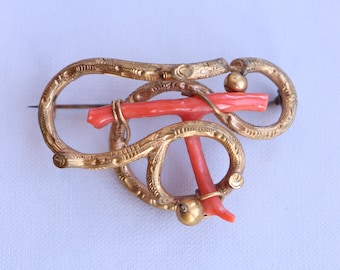 NO TARIFF Large Antique Victorian Yellow Gold Filled Branch Coral Brooch Pin
