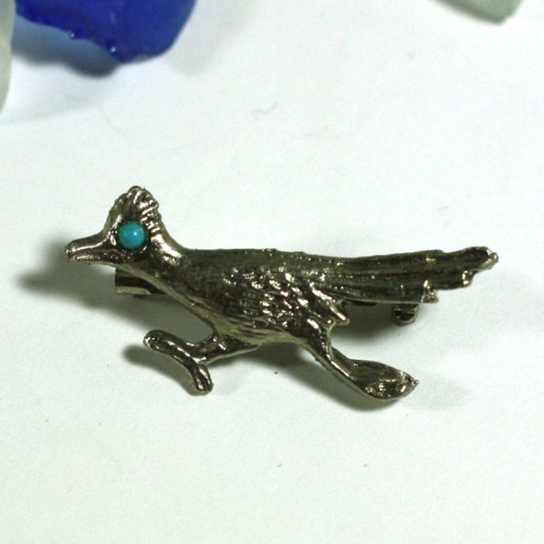 Silver Roadrunner with turquoise eye pin brooch