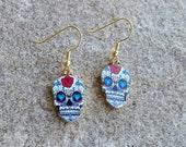 Large Skull Charm Dangle Earrings Day of the Dead Painted Face, Dia de los muertos, Decorated Skeleton Halloween Costume Jewelry Gift Ideas