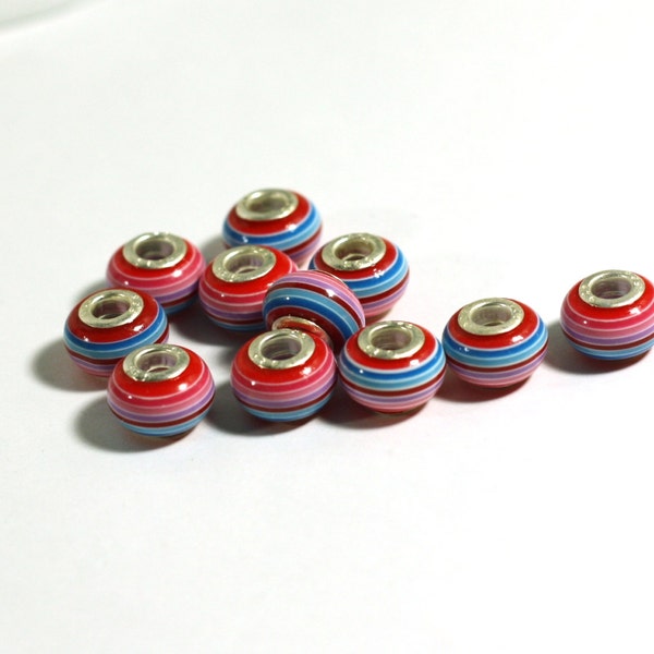 11 Rainbow stripe Acrylic Large Hole 925 silver core Beads - Jewelry Supplies