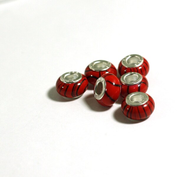 6 Red Woodgrain Acrylic Large Hole 925 silver core Beads - Jewelry Supplies - Beads
