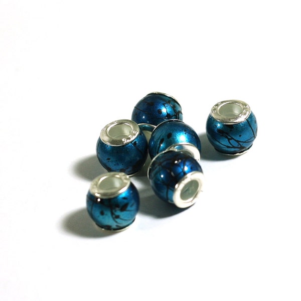 6 Blue and Black Metallic Finish Acrylic Large Hole 925 silver core Beads - Jewelry Supplies - Beads