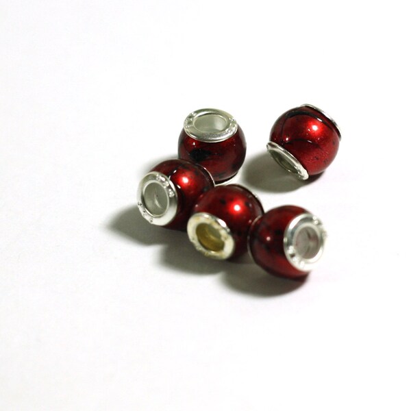 6 Red and Black Metallic Finish Acrylic Large Hole 925 silver core Beads - Jewelry Supplies - Beads